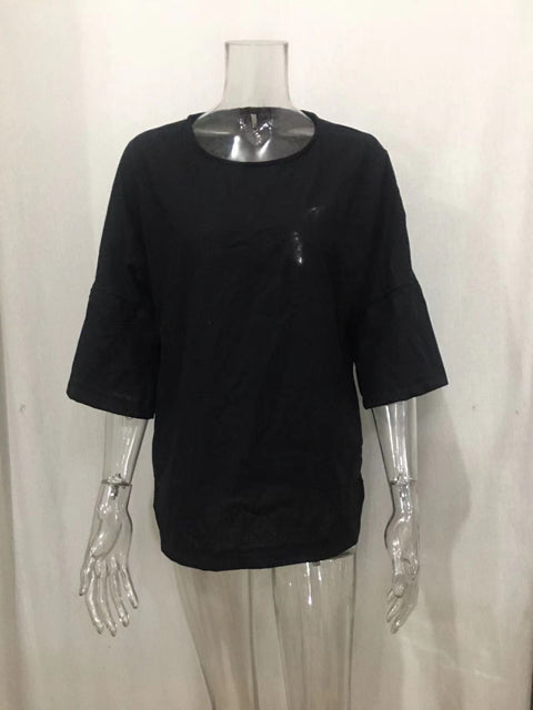 Split sleeved round neck cotton linen shirt top m300053