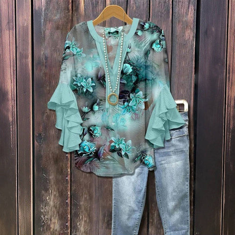 Digital printing casual trend V-neck lotus edge T-shirt women's m302725-1