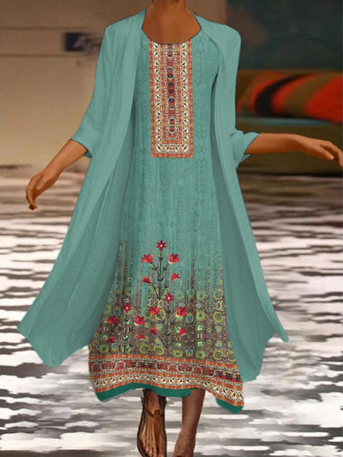 New women's long dress two-piece set flower and grass print crew neck dress m301251