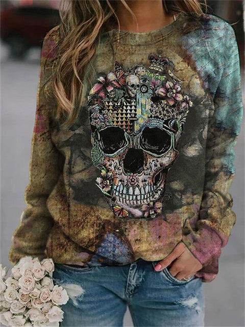Casual Graphic Tops Round Neck Long Sleeve Skull Printed Sweatshirts M800015