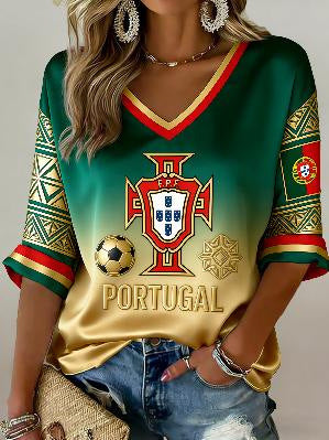 Down shoulder V-neck seven-quarter sleeve 3D printed women's top T-shirt m302844