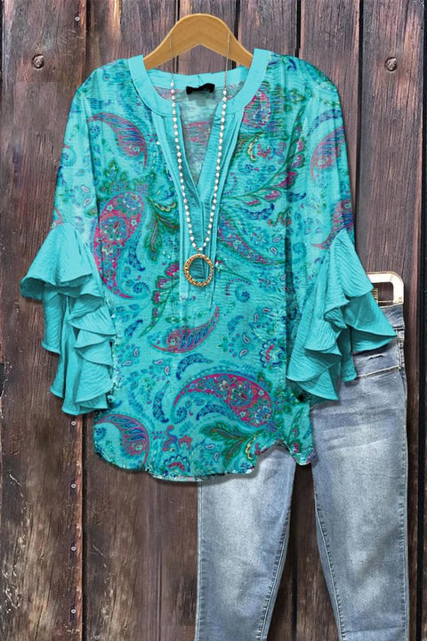 Creative floral element printing digital printing casual trend V-neck lotus edge T-shirt women's top m301778