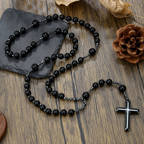 Natural stone black gallstone yellow tiger eye iron stone cross necklace hip hop necklace m3331291