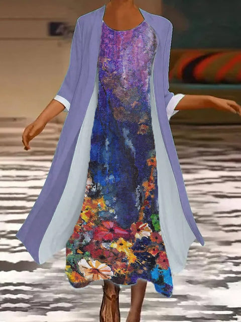 New women's long dress two-piece set flower and grass print crew neck dress m301251