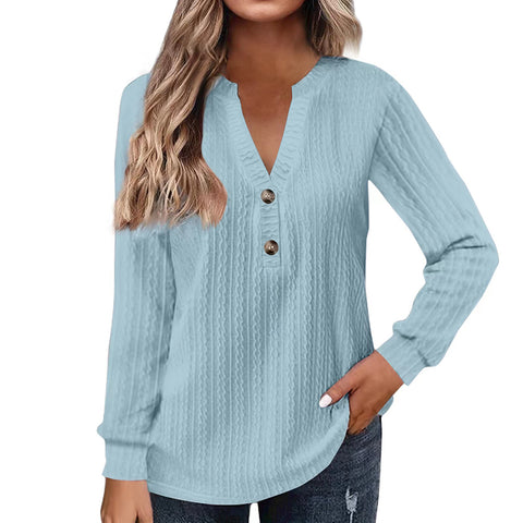 New long-sleeved solid color V-neck button-down T-shirt top m302223