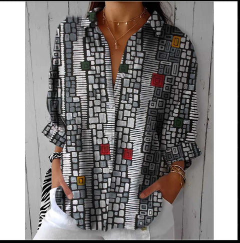 3D digital printing abstract pattern women's long-sleeved buckle linen shirt m301277