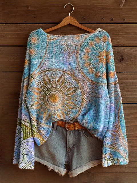 Vacation print casual cape top crew neck knitted sweater m302130