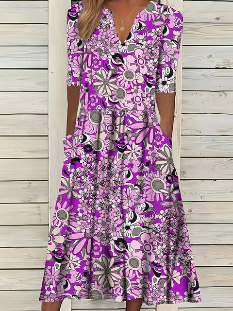 Printed V-neck elegant five-quarter sleeve dress m301208