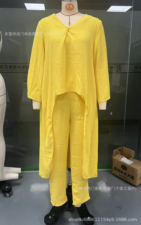 Women's summer pocket V-neck 2-piece set solid color loose women's clothing m301501