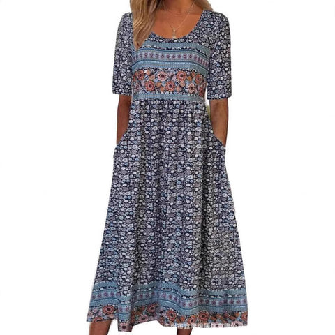 Ladies Casual Crew Neck Pullover Short Sleeve 3D Printing Pleated Waist Swing Long Dress Dress m301299