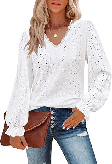 V-neck hollow casual pleated sleeve top shirt autumn m300647