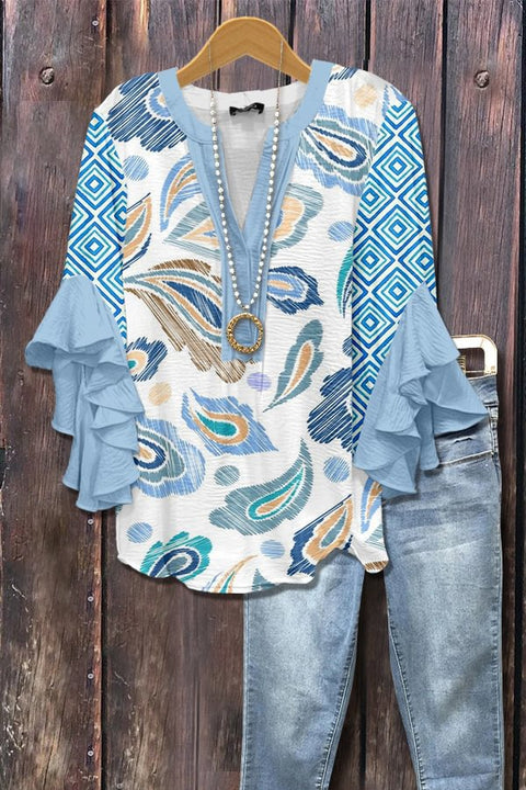 Creative floral element printing digital printing casual trend V-neck lotus edge T-shirt women's top m301778