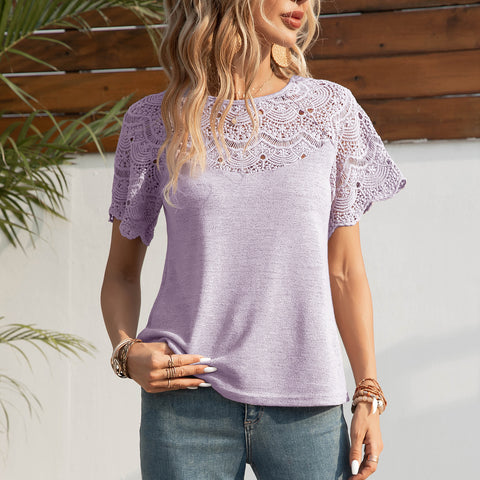 New European and American fashion crew neck lace splicing shoulder-plugged short-sleeved T-shirt top m302094