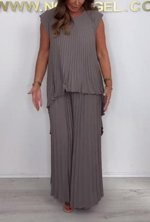 Crew neck solid color sleeve top pleated straight pants set two-piece set m301509