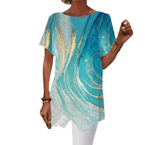 Geometric printing loose short-sleeved irregular hem T-shirt m302490