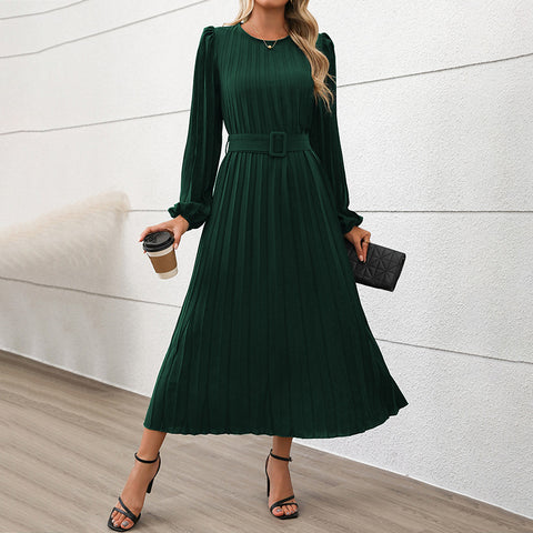 Dress long sleeve pleated round neck high waist long dress women m300809