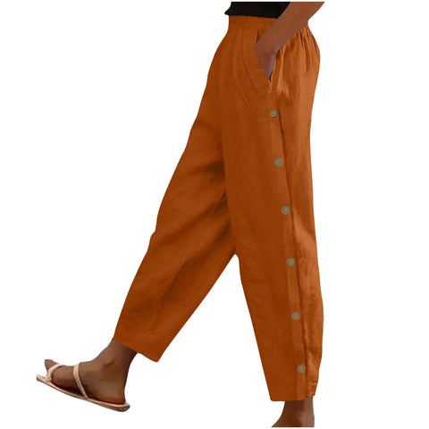 Side button pocket solid color mid-waist cotton and linen casual loose trousers m302831