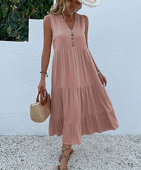Summer popular sleeveless pleated skirt loose V-neck medium and long dress m300851