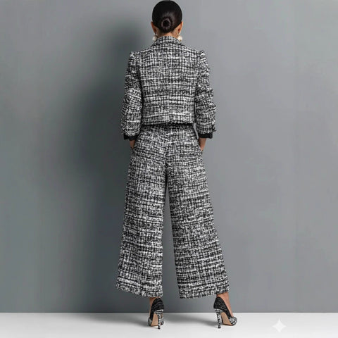 Lapel slim-fitting women's clothing European and American style long-sleeved short jacket with wide leg pants set m302505