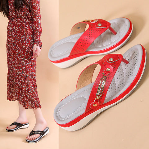 Rhinestone metal buckle light casual hollow wedge heel large size flip-flops m302827
