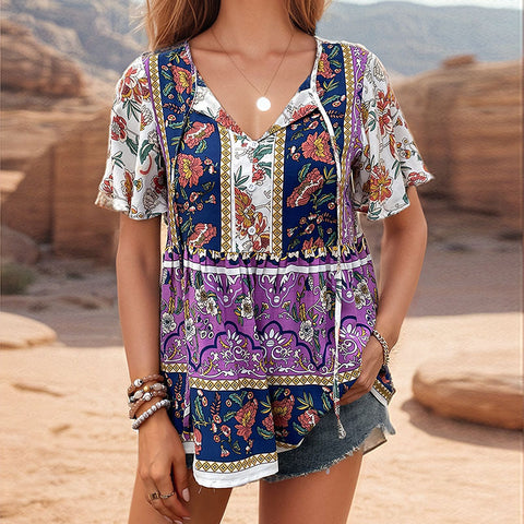 Summer personality versatile new European and American ethnic style flower geometric printing shirt women's m301744