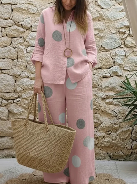 Women's suit long-sleeved lapel button-up top trousers printed two-piece set m302718