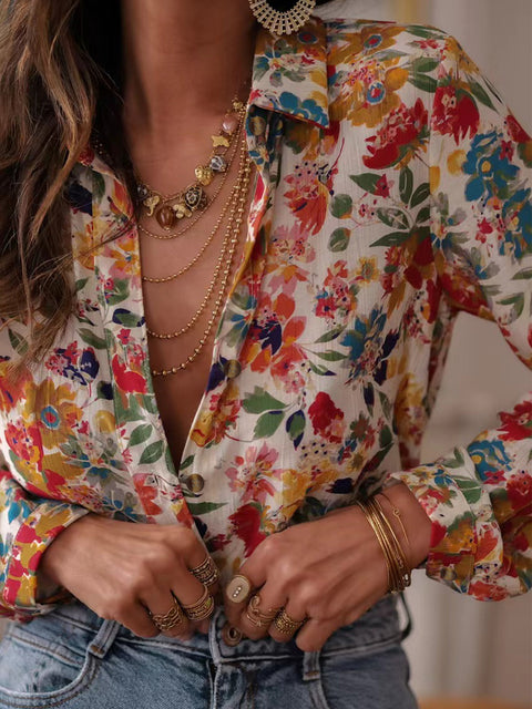 Casual summer new long-sleeved printed lapel shirt casual vacation women's shirt m301605