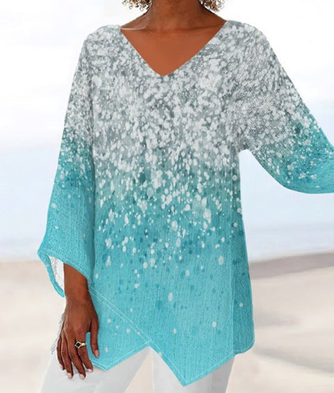 Women's printed animal natural scenery V-neck nine-quarter sleeve loose T-shirt m301289