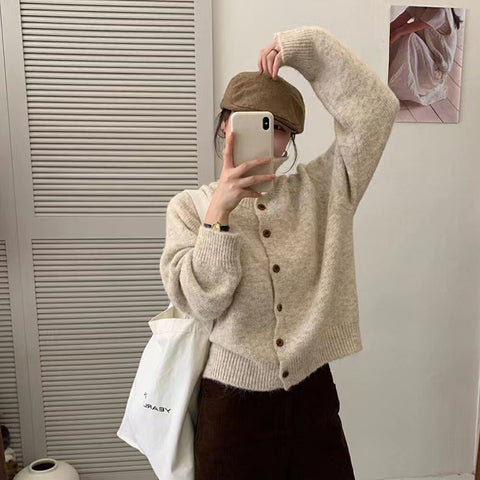 New high-necked wooden buckle long-sleeved plush cardigan jacket for women m302132