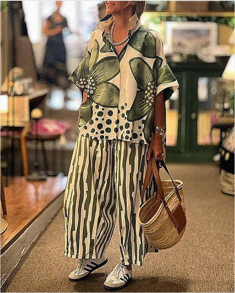 Women's lapel loose geometric printing casual suit m301238