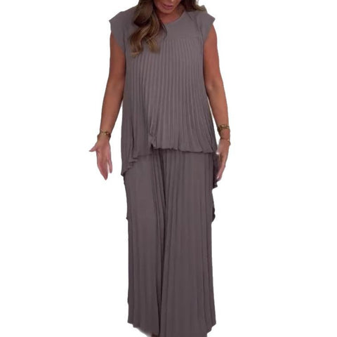Crew neck solid color sleeve top pleated straight pants set two-piece set m301509