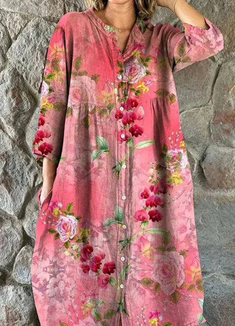 Women's Loose Crew Neck Fashion Premium Long Sleeve Printed Shirt Dress m301050