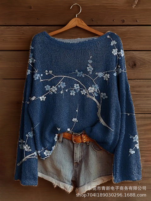 Vacation print casual cape top crew neck knitted sweater m302130