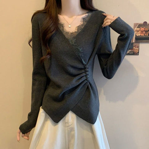 Large size German velvet design lace splicing V-neck long-sleeved T-shirt m302253