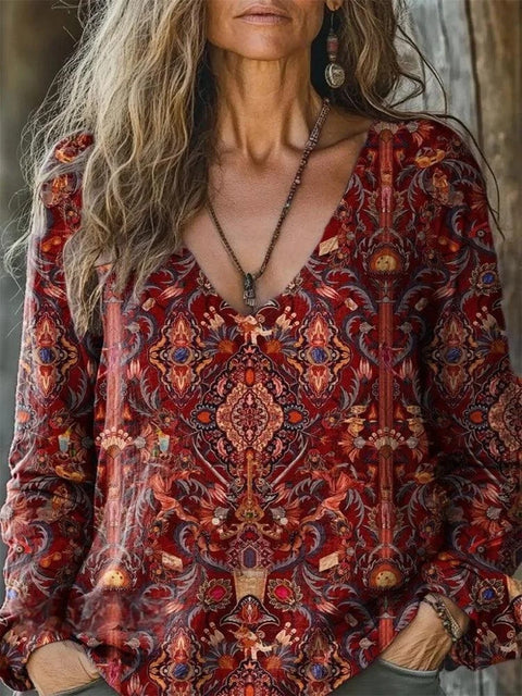 Casual V-Neck Long Sleeve Pullover Digital Printing Women's Upper T-Shirt m303120