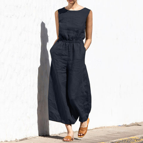 Summer solid color high waist sleeveless trousers women's fashion casual loose temperament jumpsuit m301893