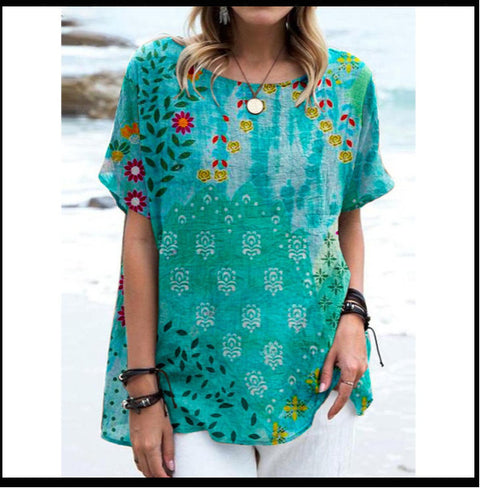 Loose round neck short-sleeved cotton and linen top women's m301281