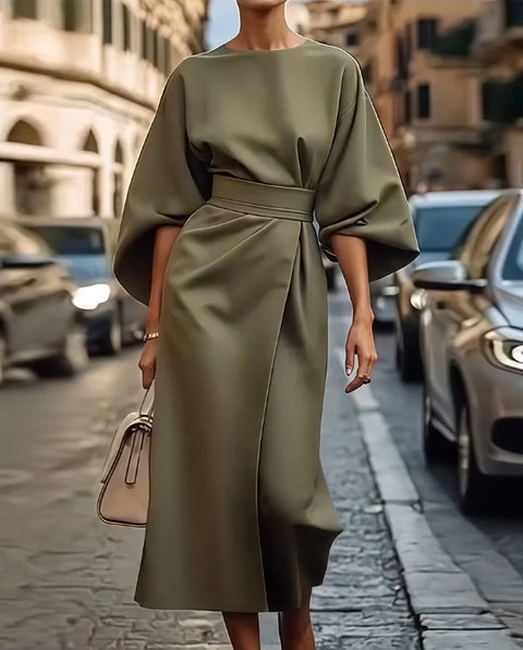 Fashion temperament elegant solid color waist dress casual bat sleeve long dress m301326