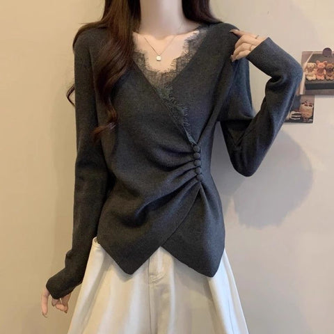 Large size German velvet design lace splicing V-neck long-sleeved T-shirt m302253