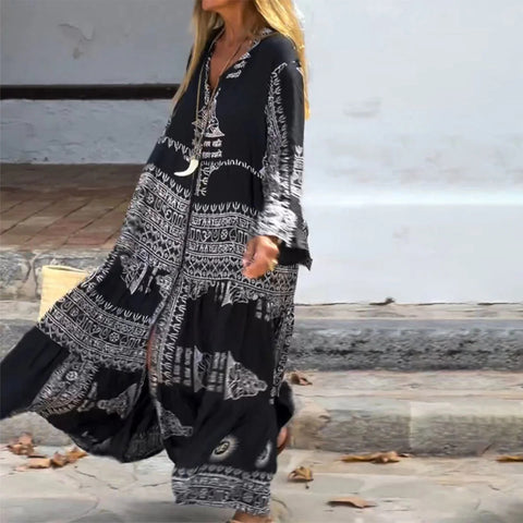 Ethnic print bohemian spring and autumn vacation dress m302012