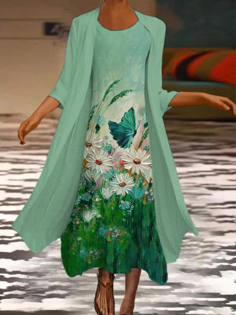 New women's long dress two-piece set flower and grass print crew neck dress m301251