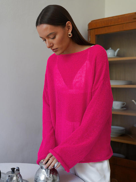 Women's perspective thin large round neck horn sleeve knitted T-shirt m301766