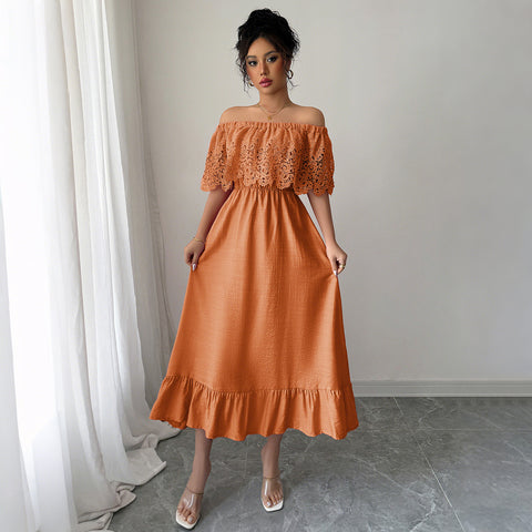 Elegant wind off-the-shoulder A-shaped long dress dress m301401