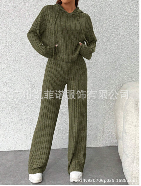 Casual knitted long-sleeved suit women's foreign trade hooded sweater loose trousers two-piece set m301892
