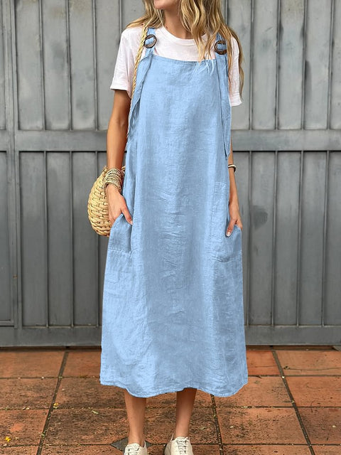 Women's fashion adjustable shoulder strap casual cotton and linen dress m302048