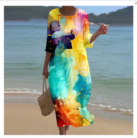 Women's Crew Neck Long Printed Casual Fashion Women's Dress m301059