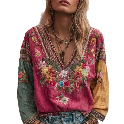 Ladies Casual Vintage Bohemian V-Neck Top Ethnic Style Long Sleeve m301956