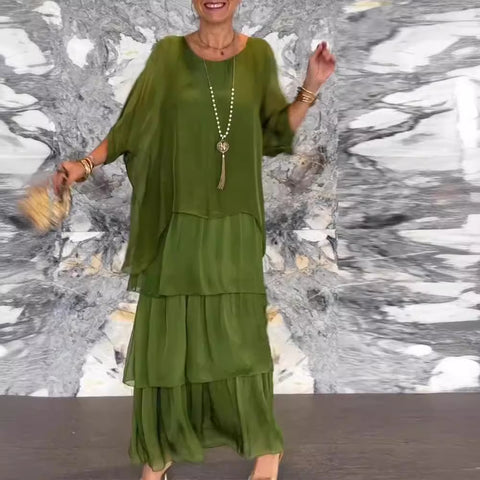 Fashion women's temperament round neck bat sleeve long dress m301334