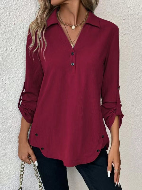 Solid color V-neck button-down long-sleeved loose fashion women's shirt m300655