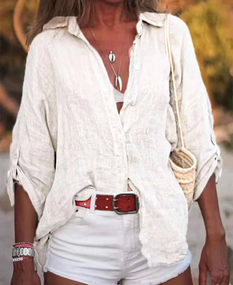 Women's Cotton and Linen Solid Color Loose 3/4 Sleeve Shirt M300358